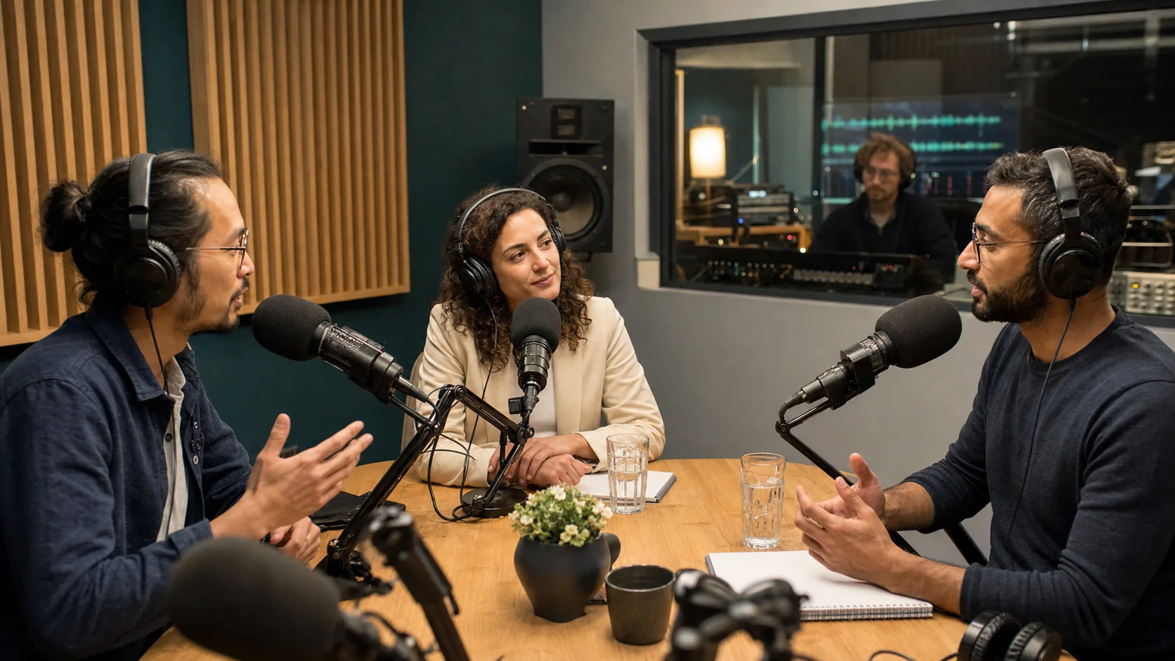 Three speakers record a multilingual podcast while a producer monitors the session from a real control room.