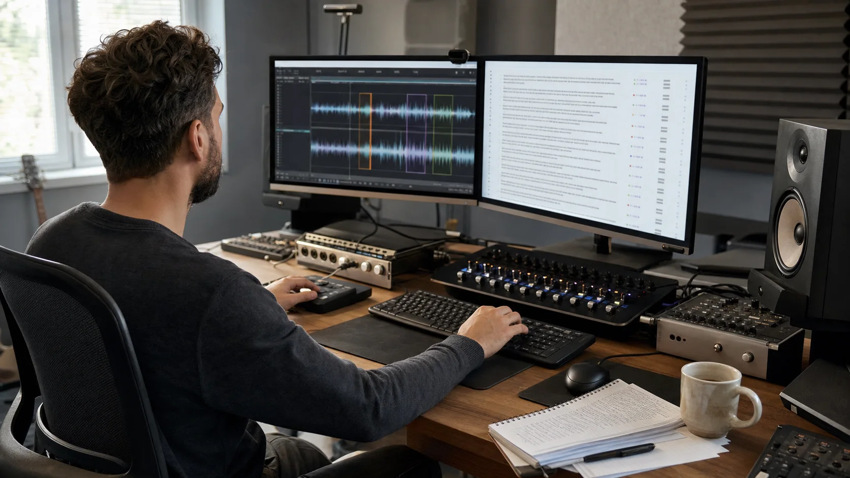 An audio engineer reviews waveform regions and transcript confidence markers at a real post-production workstation.